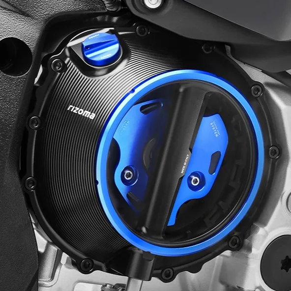 Blue brake caliper detail on a motorcycle